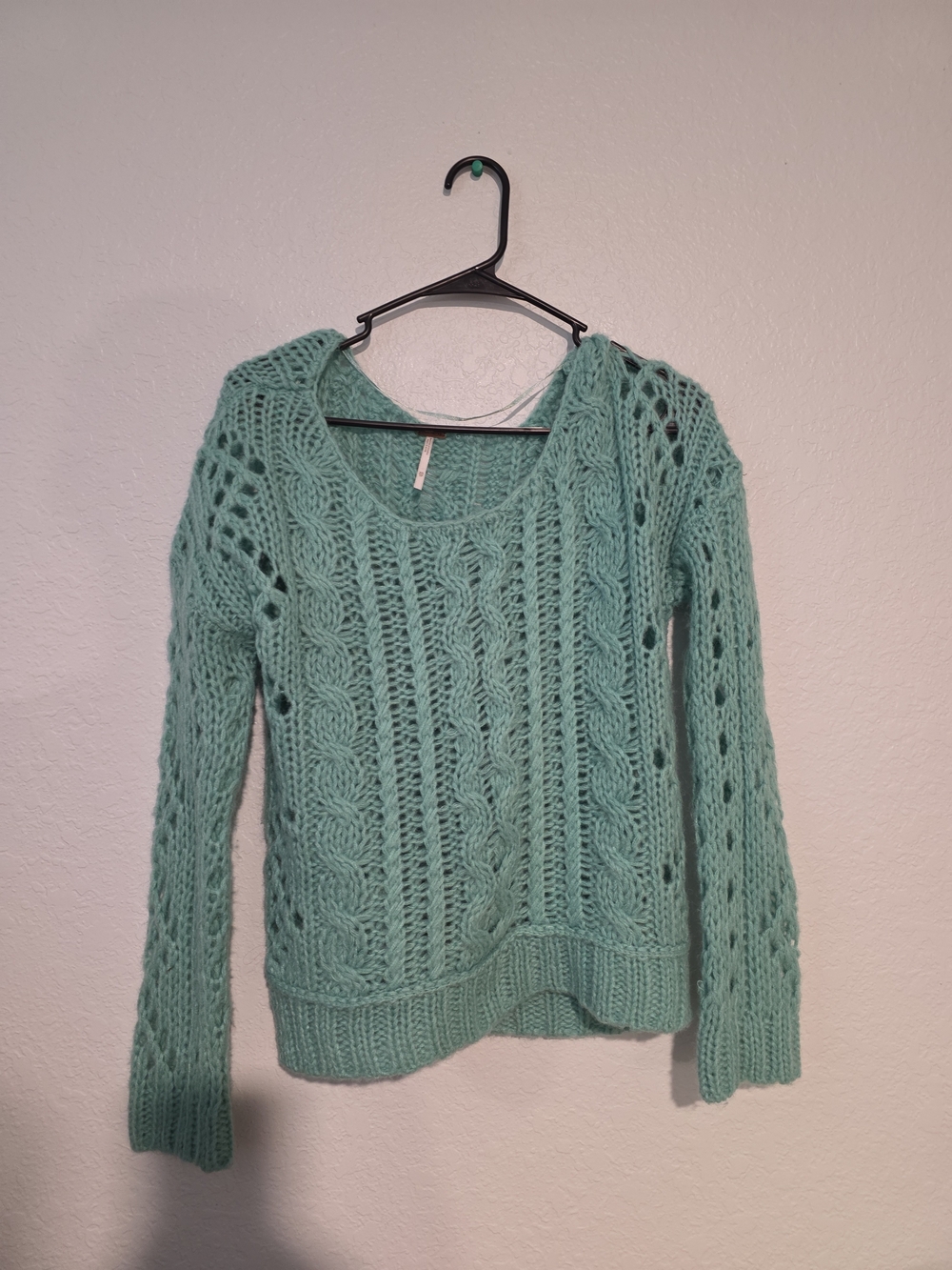 Free People Cotton Cable Knit Crop Sweater Green Chunky Fisherman Pullover XS